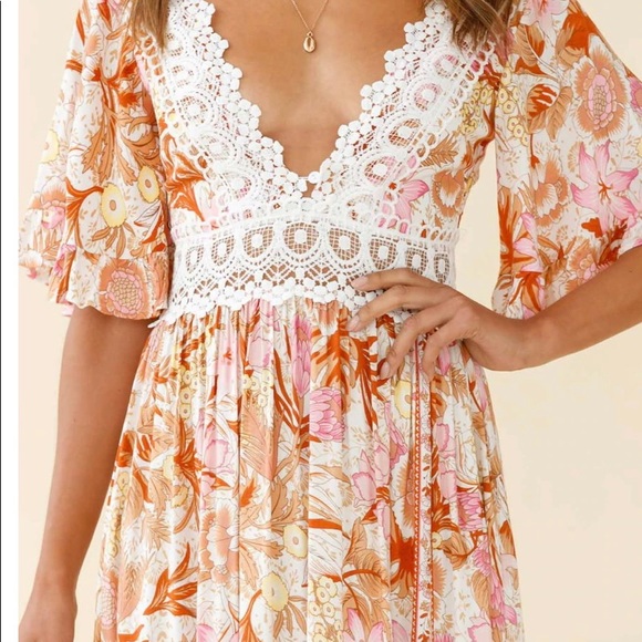 INDIO CROCHET INSERT DEEP V-NECKLINE ANGEL SLEEVE MAXI DRESS FLORAL PRINT PINK - Picture 3 of 9